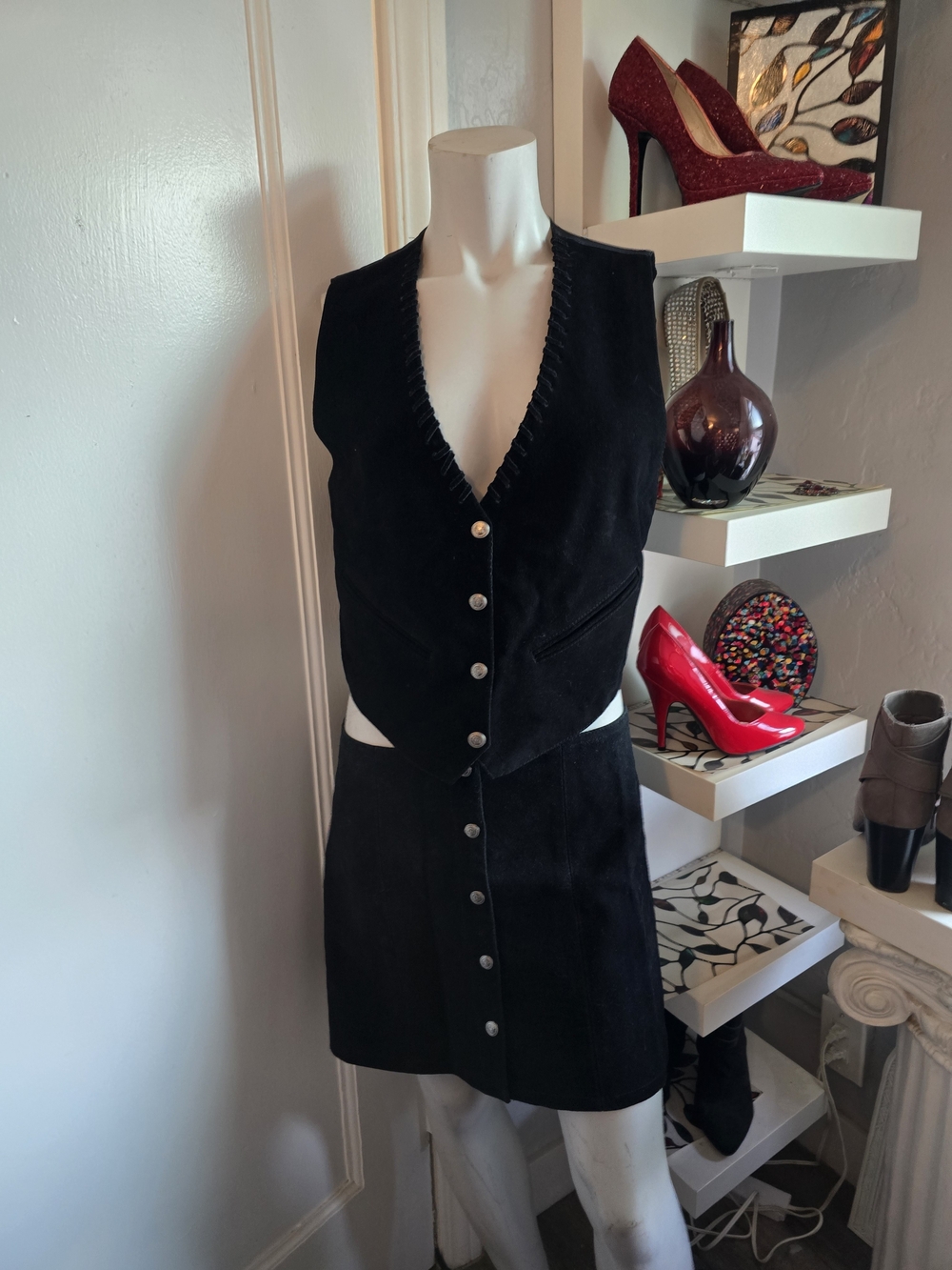 Black Suede Button-Front Vest and Skirt Set